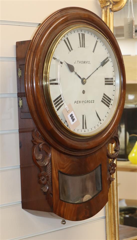 A Victorian mahogany drop dial wall timepiece Thomas Pen-Y-Groes H.59cm